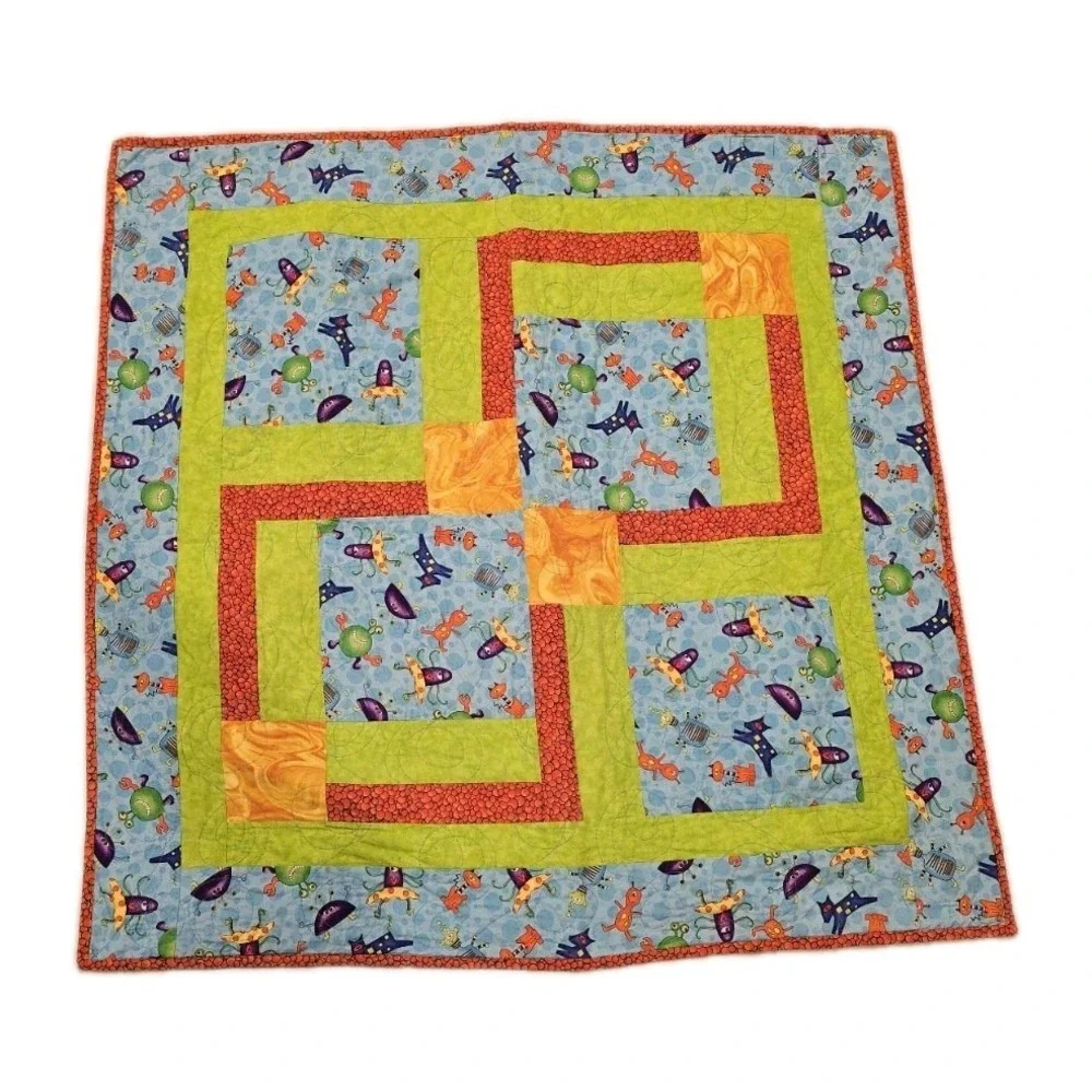 VTG Project Linus Crib Quilt Silly Smile Sea creatures Reversible 40x40 Handmade